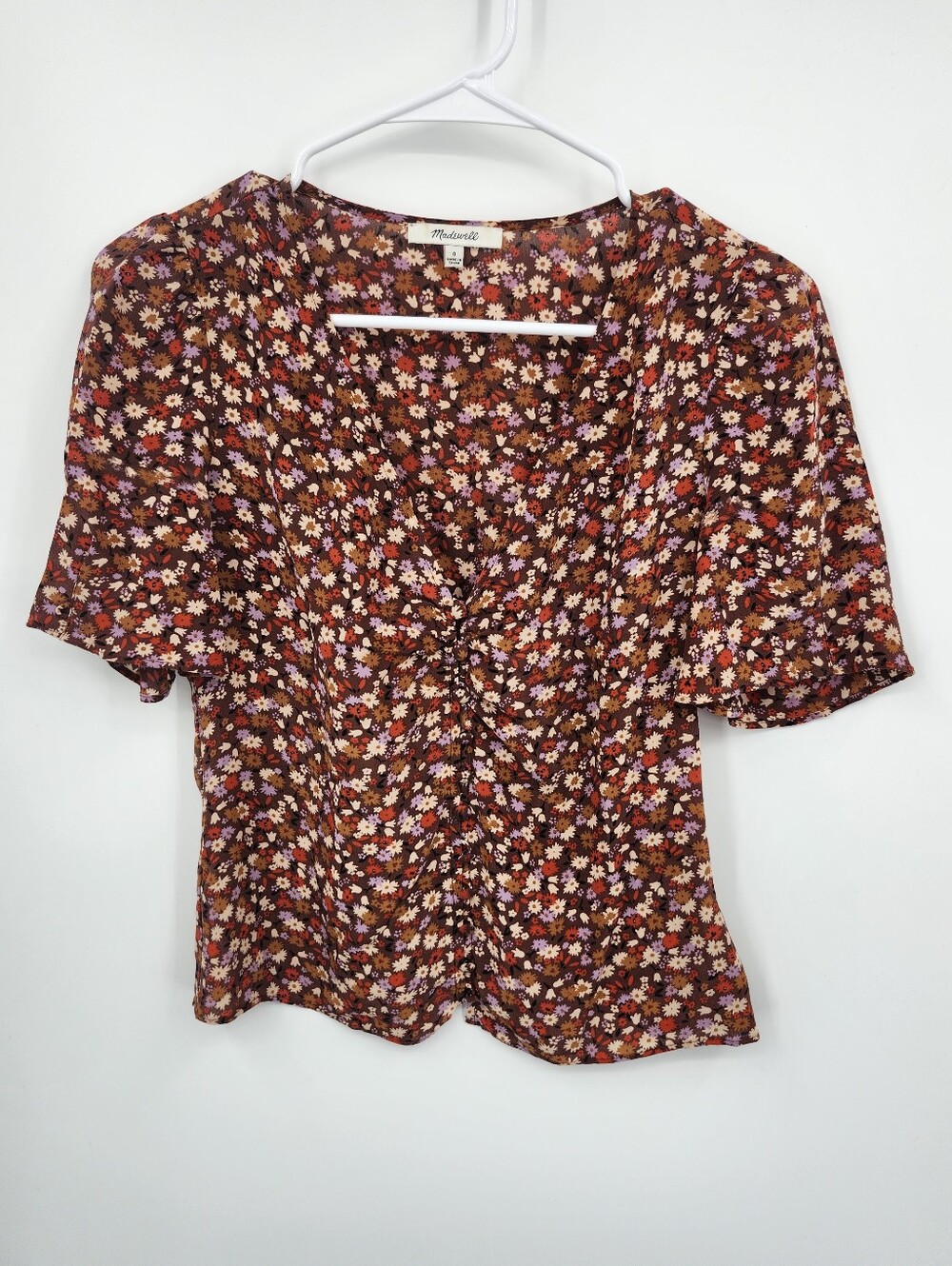 Madewell Silk Button-Sleeve Top in Spring Prairie spring floral rusted Sz0